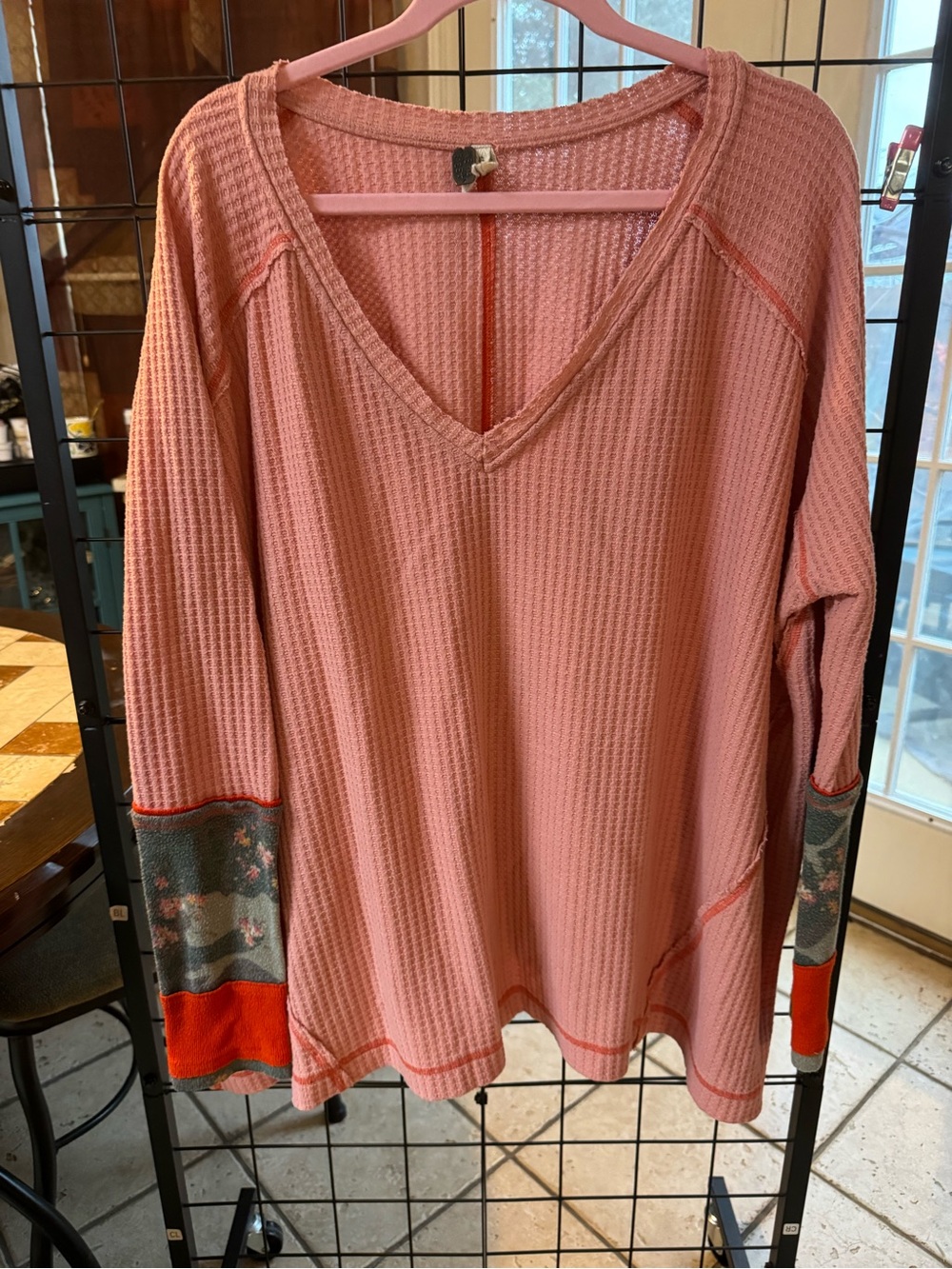 We The Free Rose Pink Waffle V-Neck Long Sleeve Top with Contrast Cuffs